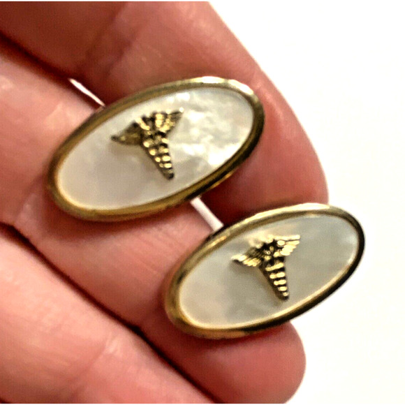 Mid Century Anson Cuff Links Mens Fashion Jewelry Gift Gold MOP Caduseus medical - Picture 2 of 8